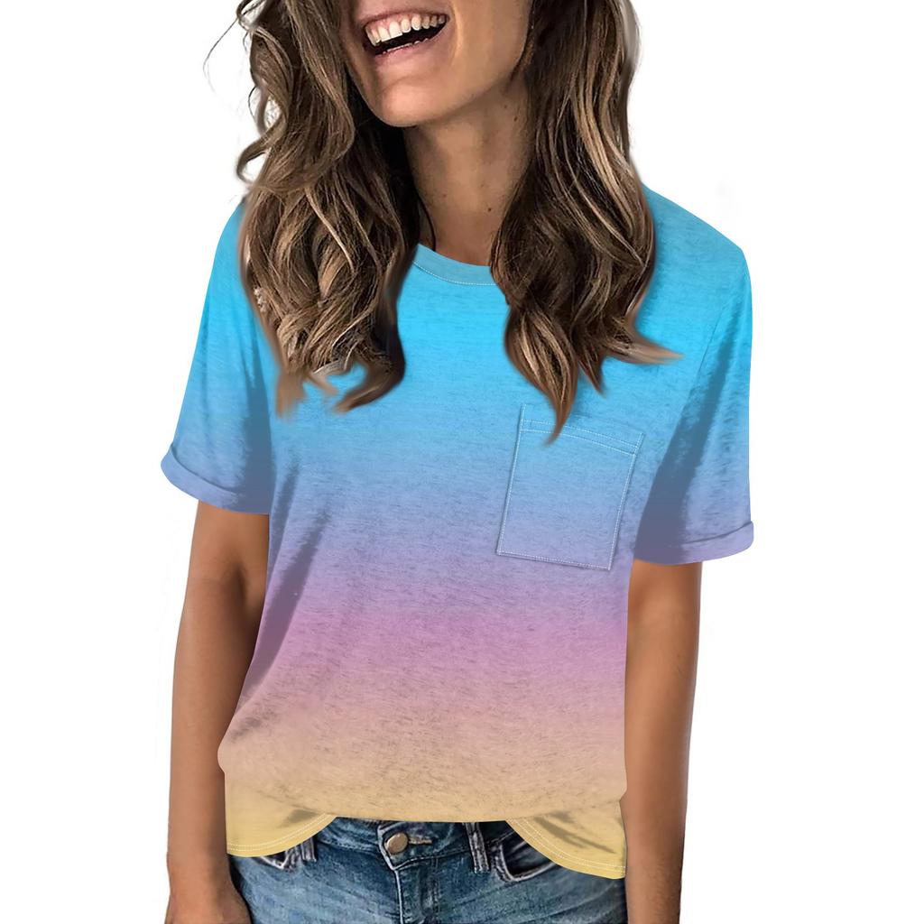 Women's Pocket Gradient Print Summer Short Sleeve Round Neck Casual Loose T-shirt Top
