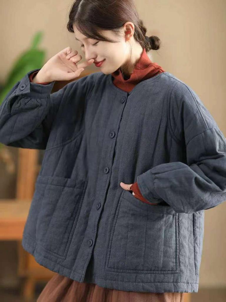 Johnature Винтажный стиль О-образный вырез однобортный свободный сращивающийся пальто женский зимнее однотонное длинное рукава ретро пальто