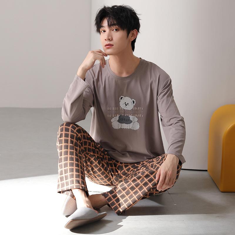 Тип Пижамный костюм из чистого хлопка на осень-зиму для мужчин с длинными рукавами из хлопка, комплект домашней одежды для мужчин, мягкая домашняя одежда для мужчин