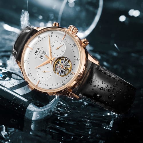 Carnival Men's Automatic Skeleton Leather Watch In Rose Gold and White