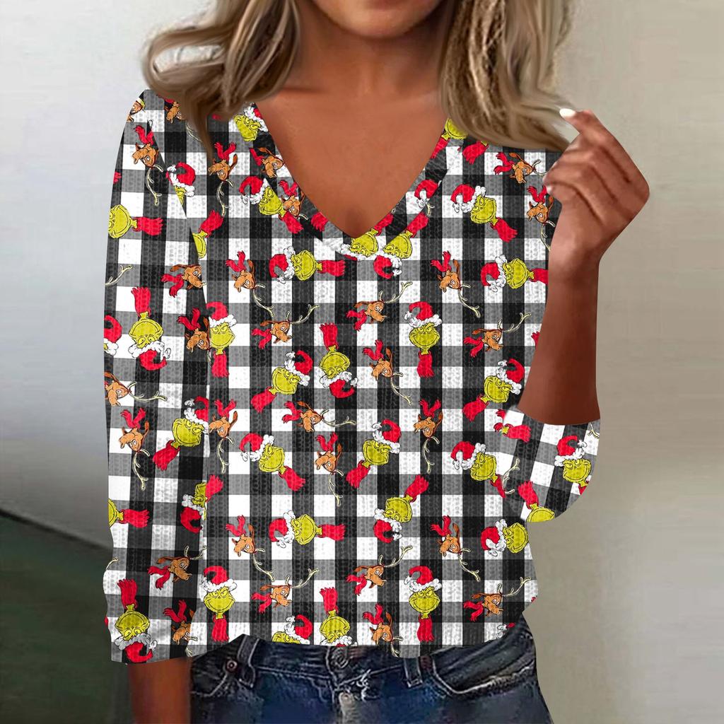 Women's Cute Sweatshirt Knitted Fashion Casual V-neck Long-sleeved Cozy Print Top