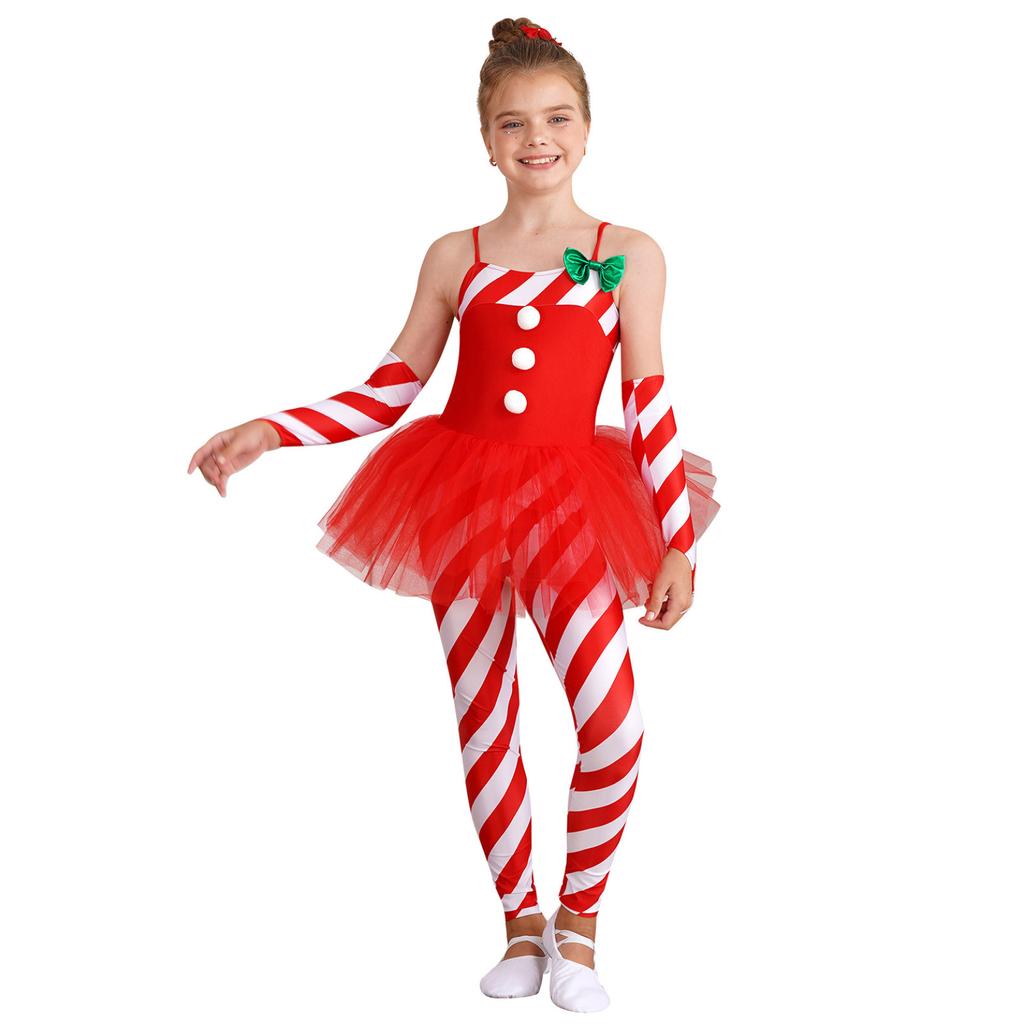 Girls Candy Cane Costume Santa Claus Christmas Sleeveless Stripes Print Tulle Peplum Long Jumpsuit with Arm Sleeves