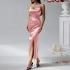 Women's Satin Bodycon Dress Spaghetti Strap Side Slip Long Dress Cowl Neck Sexy Club Midi Dresses for Evening Birthday Party Weddings