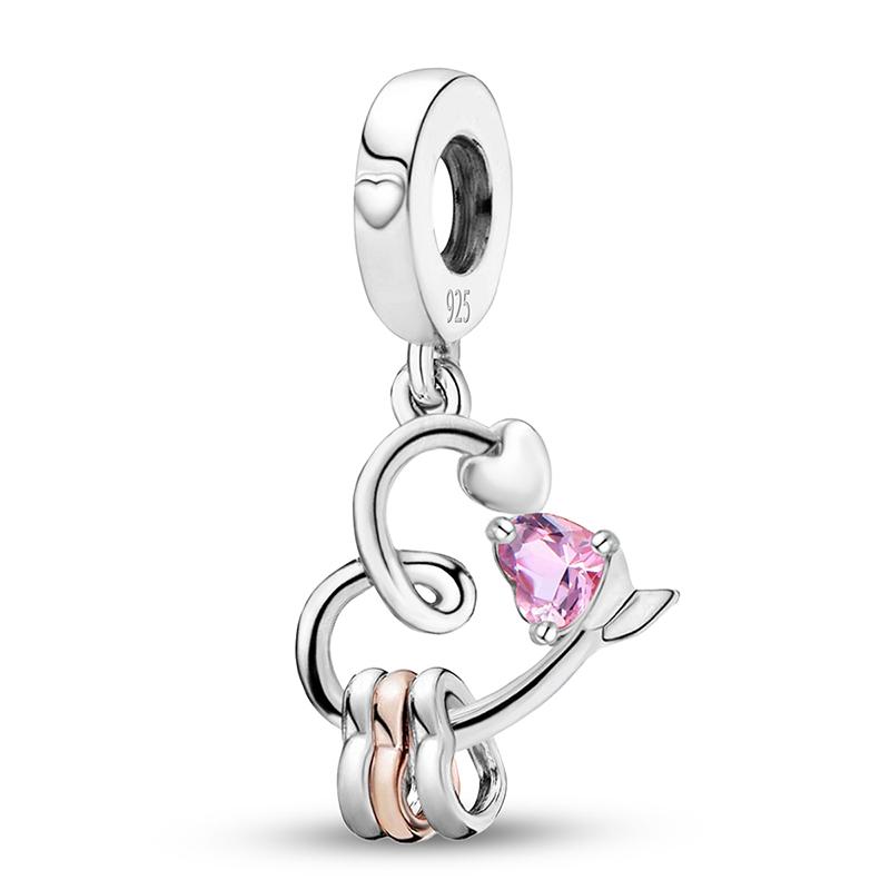 Медные подвески Циркон Розовое Сердце Любви Шармы Бусины Подходят для Оригинального Браслета Пан Браслеты DIY Ювелирные Изделия Для Женщин