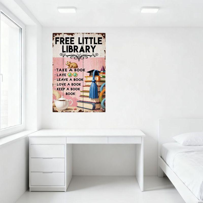 Винтажная металлическая табличка «Бесплатная маленькая библиотека», дизайн «Выветренное дерево и ржавчина», причудливая иллюстрация «Книжный бельчонок», для стены дома, кафе, бара