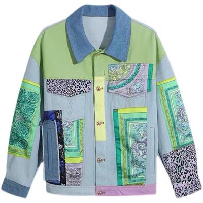 Осенняя женская шикарная джинсовая куртка оверсайз с принтом в стиле колор-блок, пэчворк, дизайнерская джинсовая верхняя одежда, воротник с лацканами, длинный рукав, свободный уличный стиль, ковбойское пальто