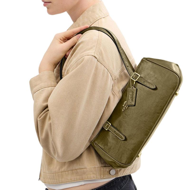 COACH ASHER 34 Gold Logo Cowhide Shoulder Bag Large Women's Olive Green