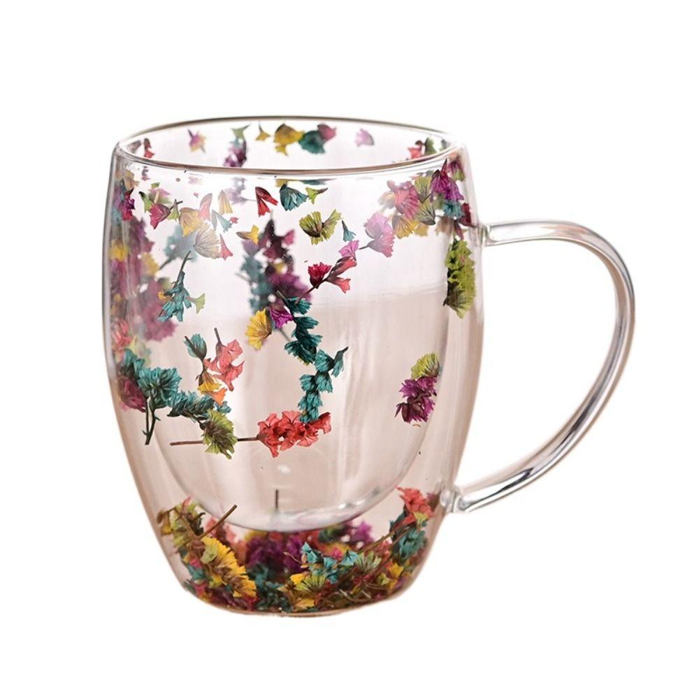 Изолированные стаканы из стекла с двойными стенками Винтажная чайная чашка Подарки на день рождения Прозрачная кружка для кофе с цветочным узором Чай