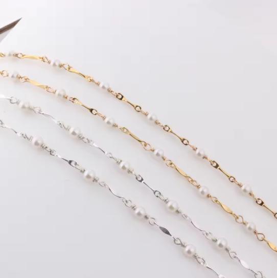14K Gold Filled Dapped Bar Chain Beaded 3-3.5mm Fresh Water Pearls for DIY Permanent Handmade Necklace Bracelet Jewelry Making