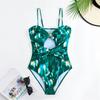 Ретро-зеленый купальник с принтом, вырезом, цельный купальник-бикини, прикрытый юбкой, обтягивающий женский летний пляжный купальник