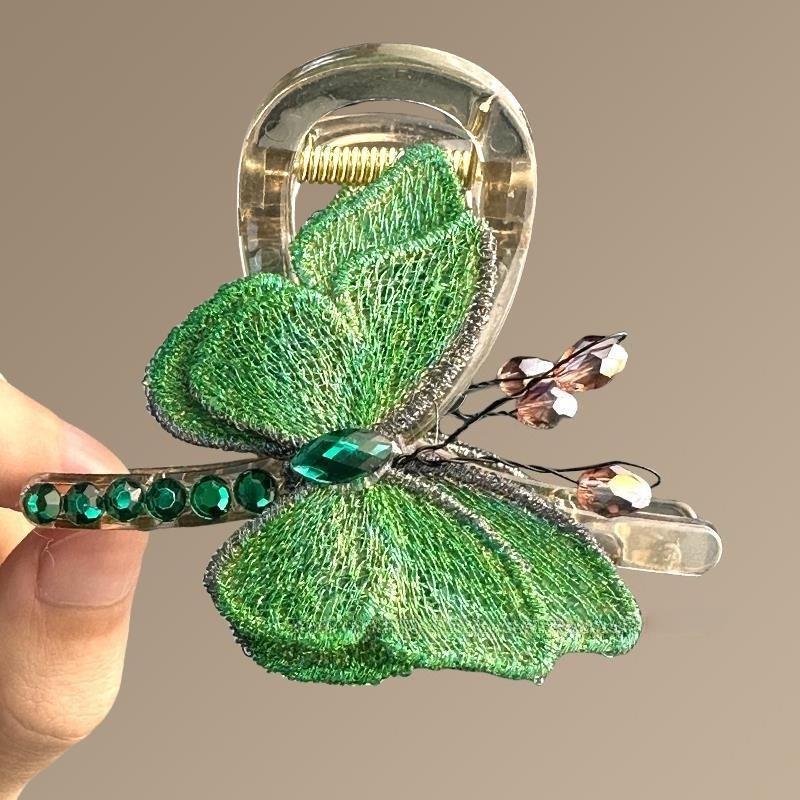 Temperament Retro Embroidered Butterfly Grip Clip Female Medium New Style Back of Head Half Tie Hair Shark Clips Hair Ornament