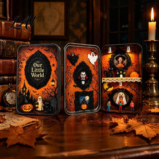 Artistic Resin Metal Ornaments Halloween Miniature Scene Tin Box DIY Shadow Box Photo Frame Micro Vintage Scenes Landscape Display Case with 4 Mini