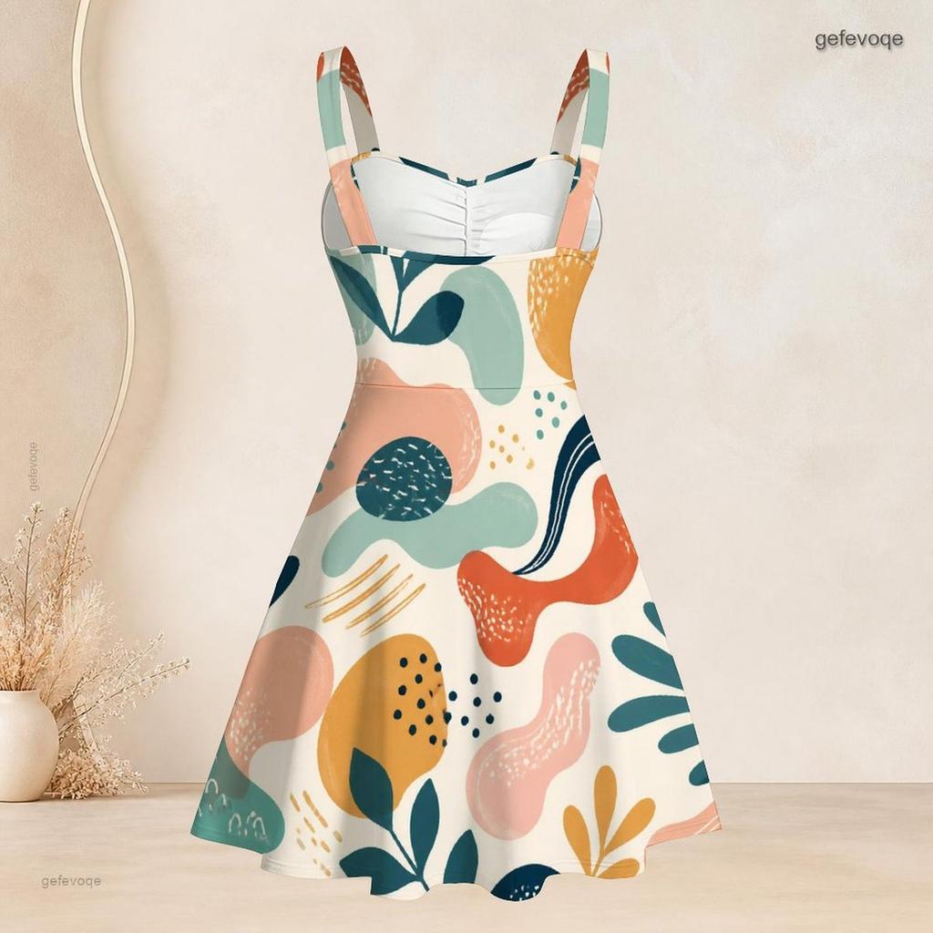 Women Plus Size Sweetheart Neck Strappy Sleeveless Abstract Printed Flared Dress