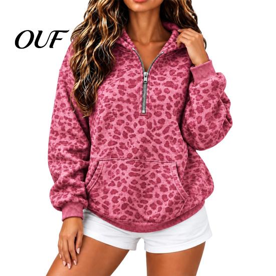 Women Long Sleeve Hoodie Leopard Print Hoodie, Oversized Half Zip Hooded Sweatshirt with Kangaroo Pocket, Fall Casual Pullover Top Wear