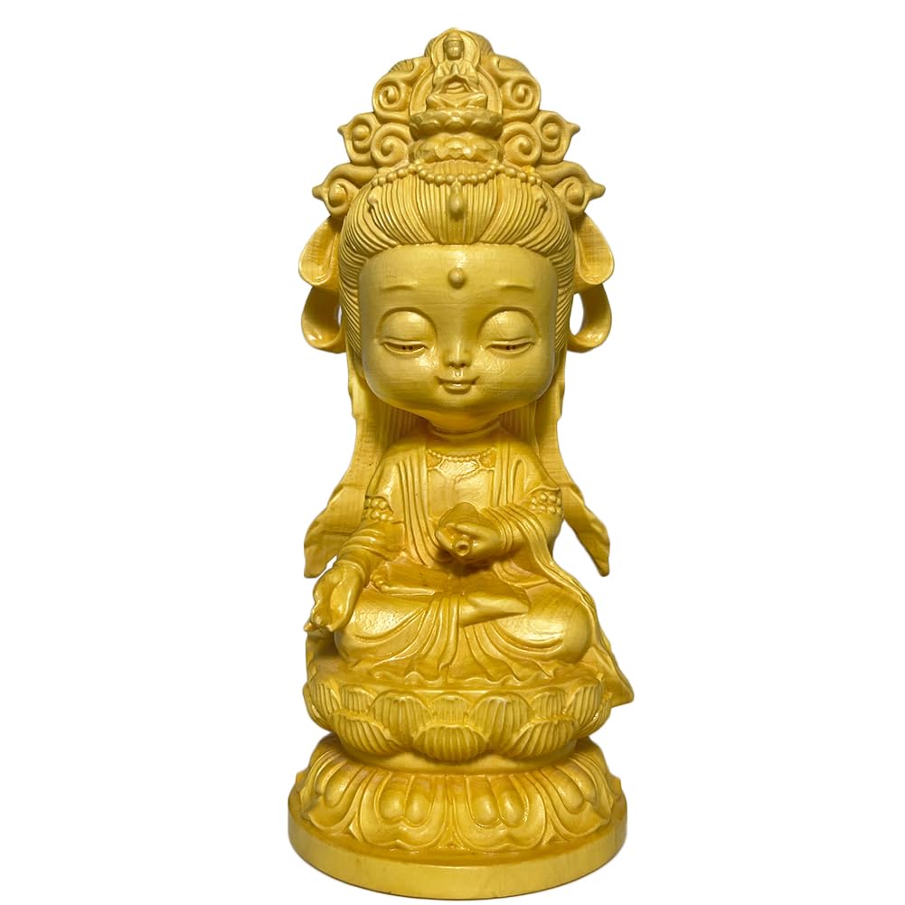 Umora Cute Kannon Statue, Wood Carving, Boxwood, Kannon Bodhisattva Figurine, Protection from Evil, Feng Shui, Entryway, Good Luck Charm, Buddhist
