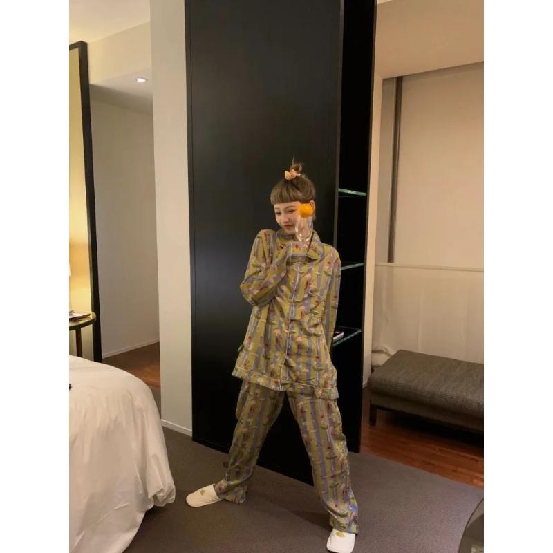 Полосатая повседневная пижама с длинными рукавами для девочек, женская, весна и осень, новый большой размер, домашняя одежда, комплект из двух предметов