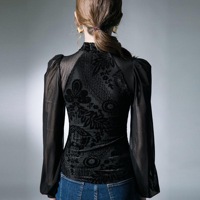 Retro European-Chinese Mesh Lantern Sleeve Blouse: Trendy Autumn Slim Fit