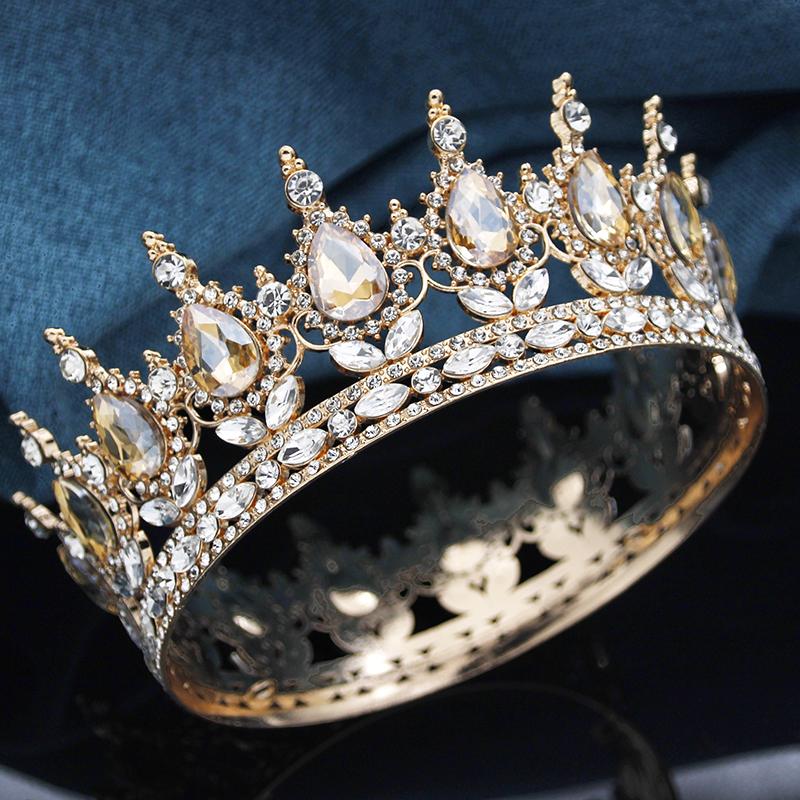 Baroque Round Crown for Bridal Wedding Royal Queen King Tiara Birthday Party Performance Head Accessories Diadem Jewelry