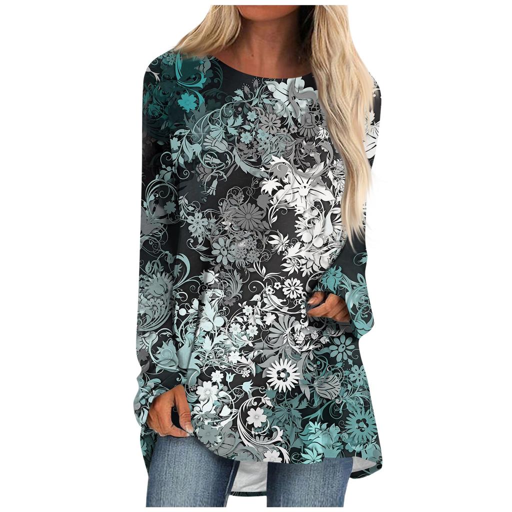 Women's Casual Fashion Floral Print Long Sleeve O-Neck Pullover Top Blouse
