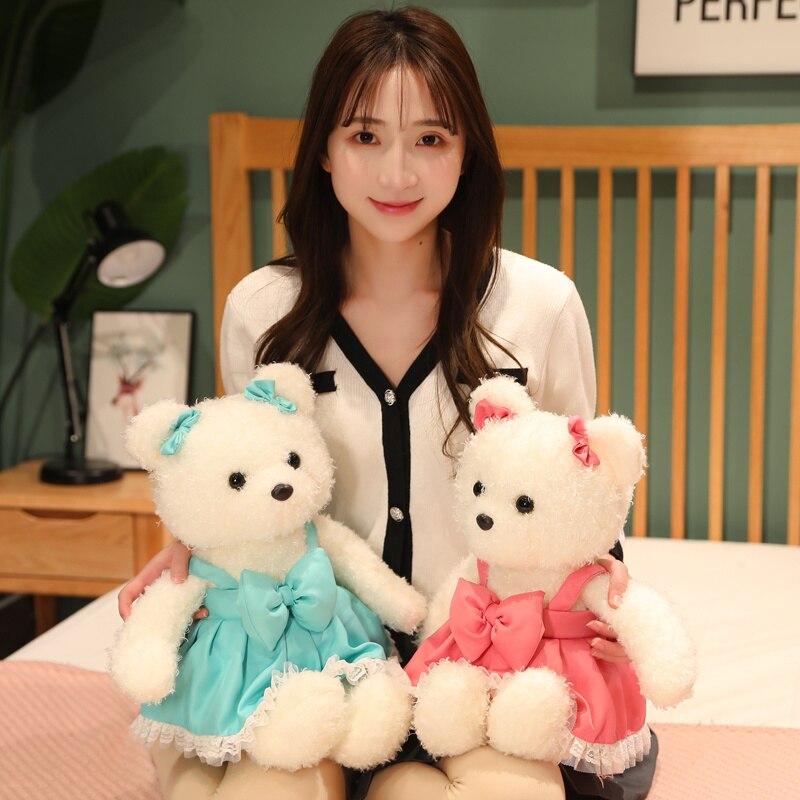Kawaii Plush Curly Hair Teddy Bear Toys Charming Bear with Bow Suspender Dress Pillow Stuffed Soft Dolls Girls Gifts