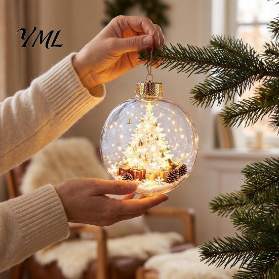 Hanging Ornaments for Tree Lighted Christmas Ball Ornaments, 3D Miniature Scene with Warm LED Indoor Party Supplies Light, Clear Acrylic Bauble