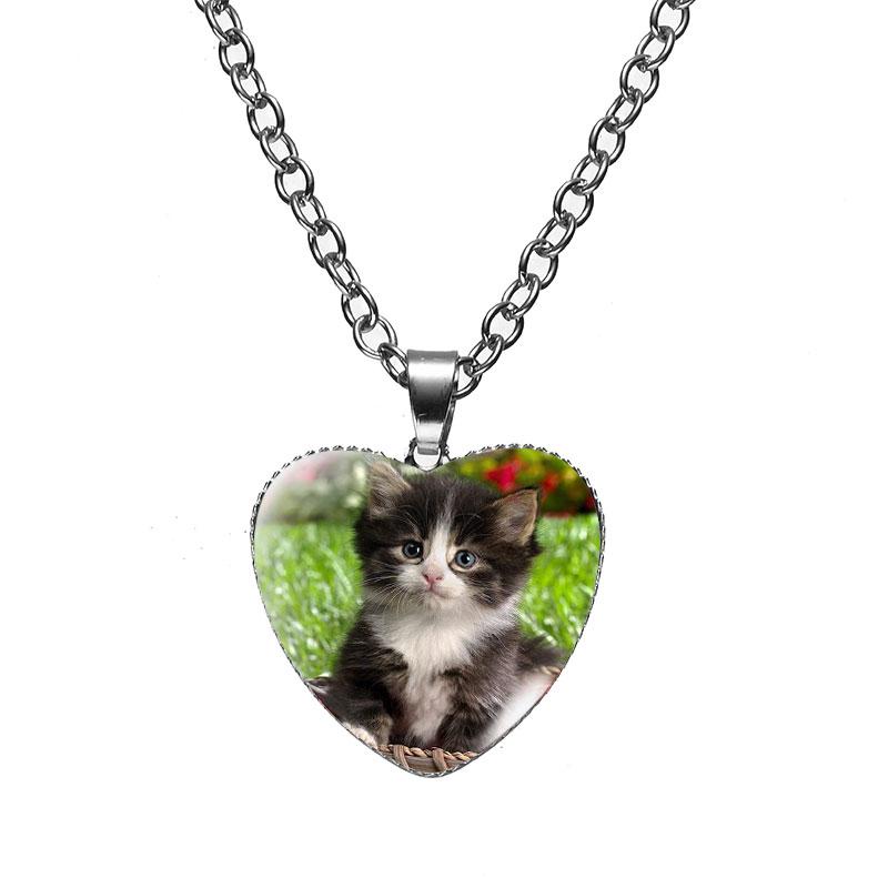 Женская мода милый питомец котенок стеклянный кабошон сердце форма ожерелье кулон ожерелье ювелирные изделия аксессуары подарки