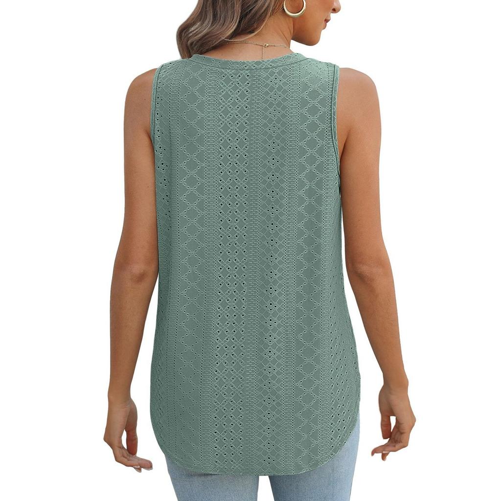 GMXIA Spring Summer V-neck Vest Sleeveless Hole Jacquard Top Casual Vest Women