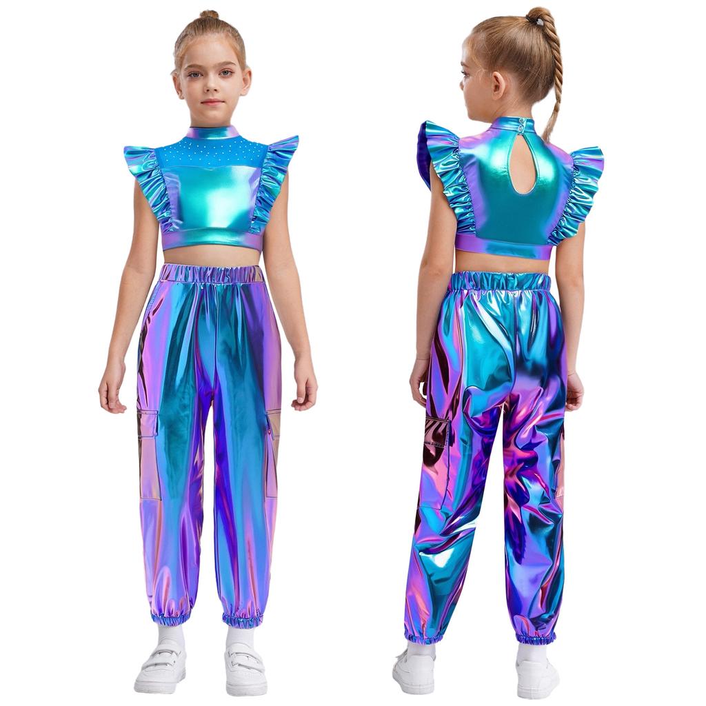 Girls Hip-Hop Dance Costume Mock Neck Rhinestone Mesh Patchwork Sleeveless Metallic Ruffle Top Paired with Shiny Cargo Pants for Competition