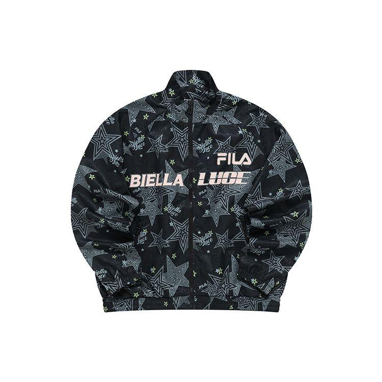 Fila Fusion Серия «Спортивный образ жизни» Куртка с плетением по всей поверхности со звездным и буквенным узором, воротником-стойкой, женская куртка, глубокий черный T11W225703F-BK
