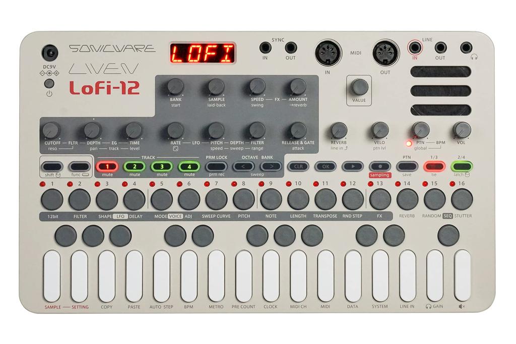SONICWARE LIVEN Sampling Retro Sampler Sampler Step 10 11 Track Effects 9 Master Battery Speaker Lofi-12 [Lo-fi Groovebox] - 12-bit Mode, 4-Track