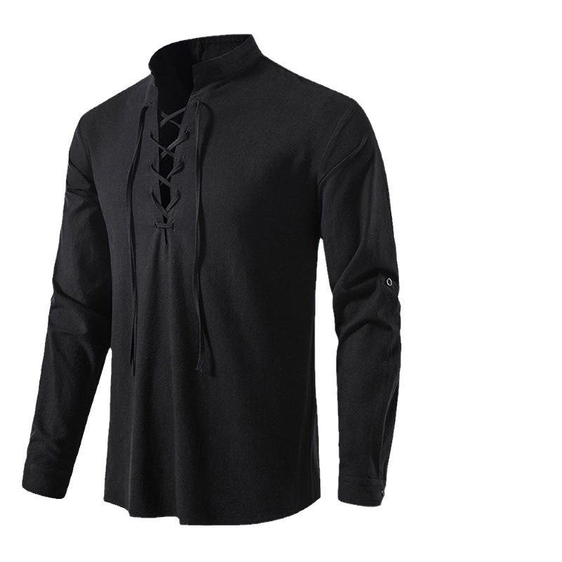 Летняя хлопково-льняная рубашка с длинным рукавом, мужские однотонные повязки с воротником-стойкой, мужские белые, черные, синие рубашки