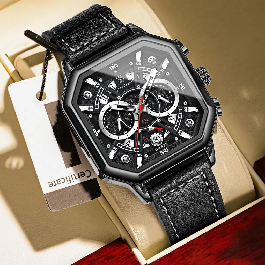 Luxury Chronograph Men's Watch Waterproof Night Light Date Men's Watch Sports Leather Square Quartz Watch Men's Exquisite Gift Watch
