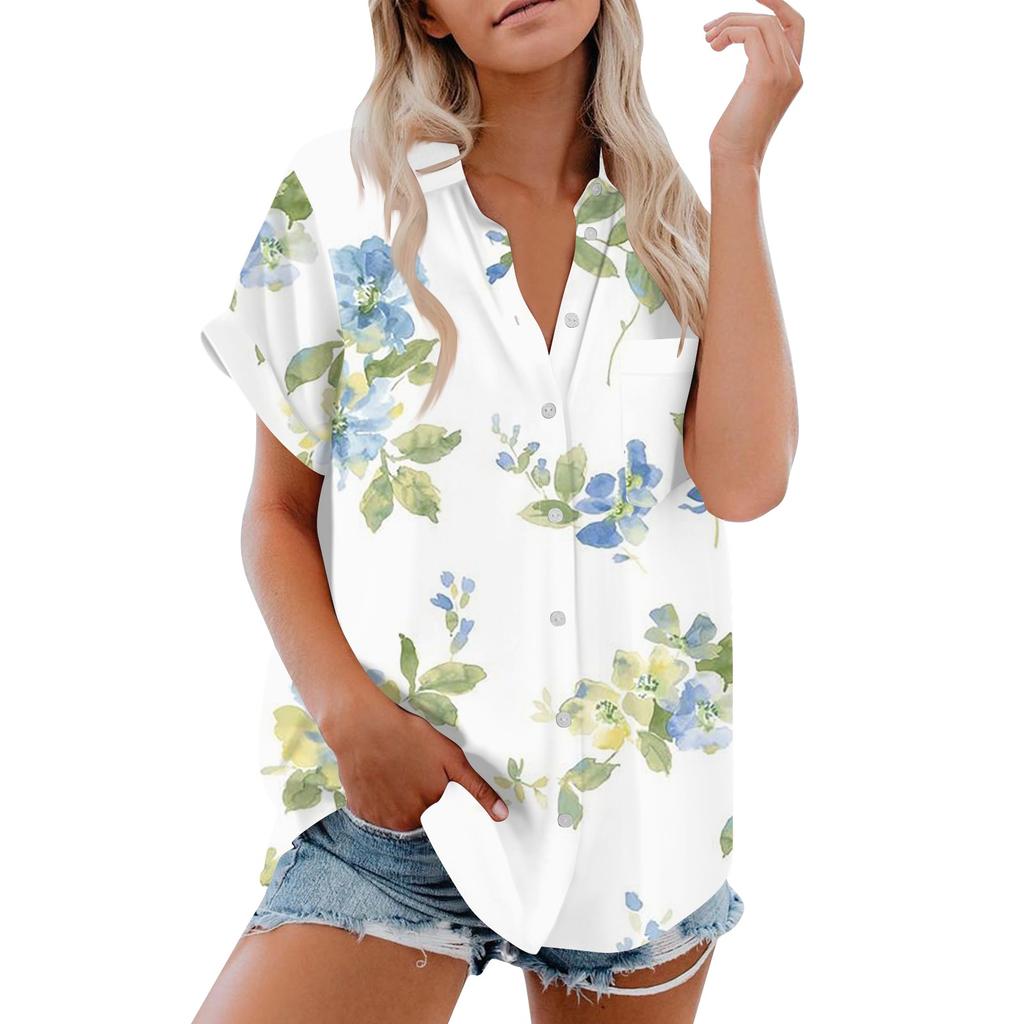 Женская рубашка с короткими рукавами, повседневный модный топ на пуговицах с принтом, кардиган с нагрудным карманом