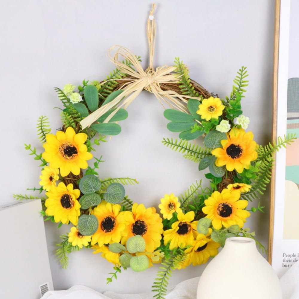 15.7inch Artificial Sunflower Wreath Yellow Flower Wreath for Front Door Wall Window Hanging Decor Front Door Farmhouse (Beige)