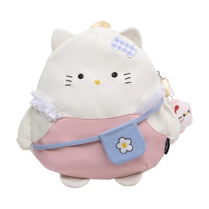 Cute Cartoon Bow Lace Cat Design Student Casual Backpack With Plush Pendant For Students
