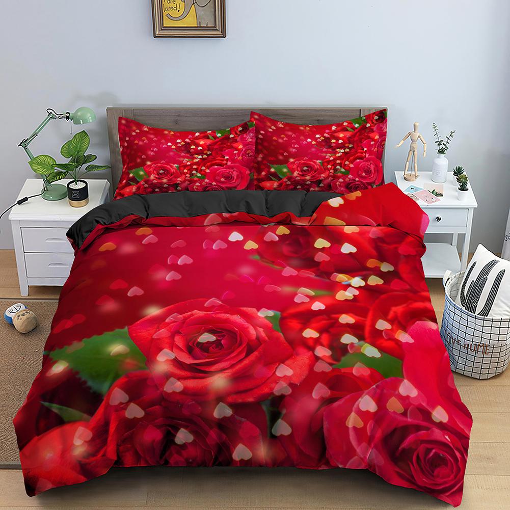 Rose Duvet Cover Set 3D Print Red Flower Comforter Cover Romantic Theme Love Element for Girls Women Kid Polyester Bedding Set