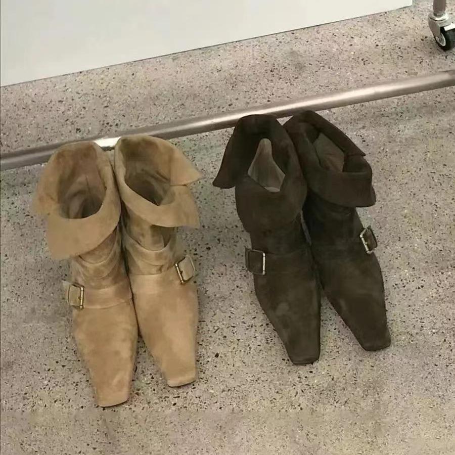 Мода Мода Заостренный Носок Флок Женские Ботильоны Обувь На Низком Каблуке Дизайнерская Обувь Слипоны Женские Современные Короткие Ботильоны Обувь