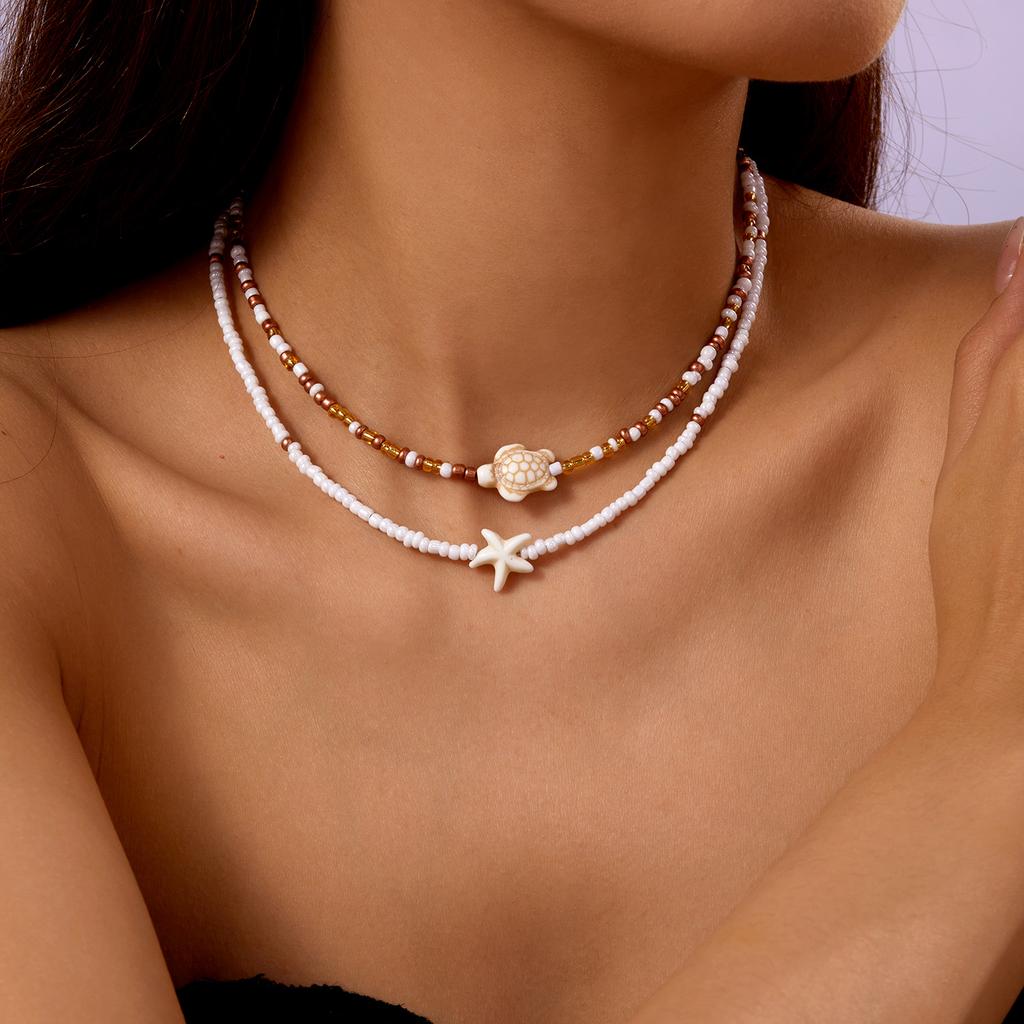 Vintage Double Layer Rice Beads Necklace for Women Boho Beach Turtle Starfish Pendant Short Choker Neck Chain Jewelry Accessory