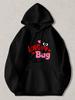 Black Pullover Hoodie with Cute Ladybug And Love Bug Text Print Red And Pink Hearts Design Casual Sweatshirt for Valentine'S Day O