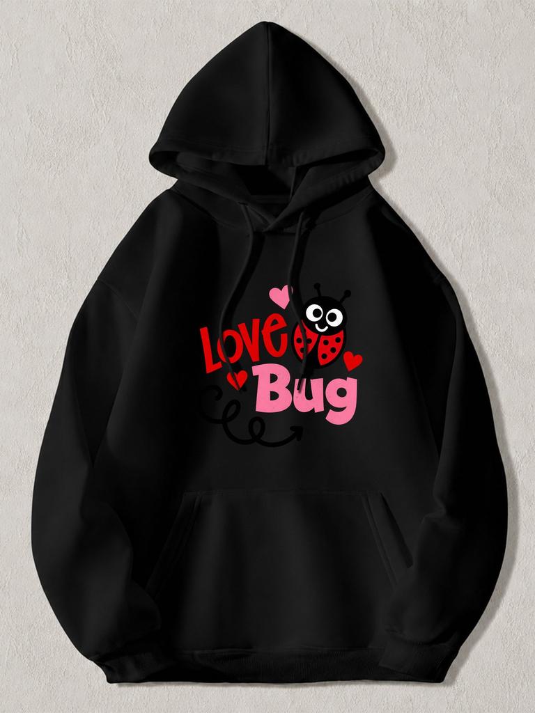 Black Pullover Hoodie with Cute Ladybug And Love Bug Text Print Red And Pink Hearts Design Casual Sweatshirt for Valentine'S Day O