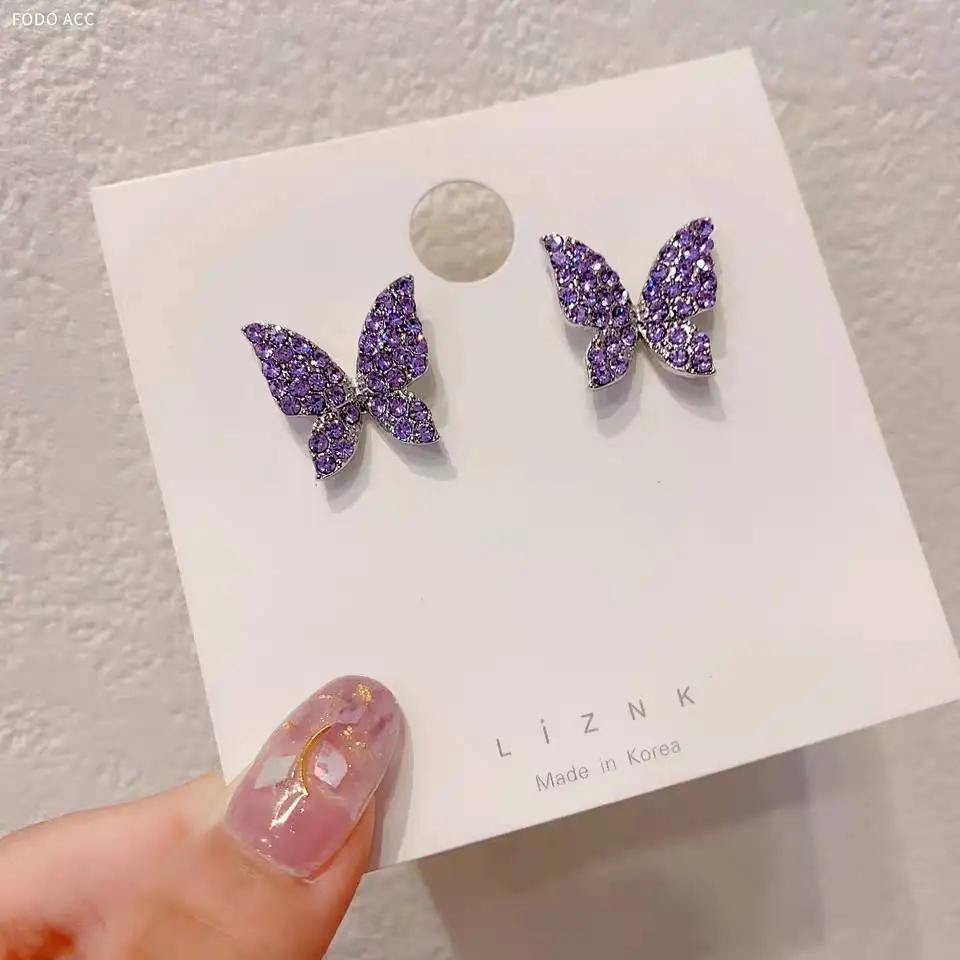 Purple Imitation Crystal Butterfly Earring for Women Cute Imitation Zircon Stud Earrings Jewelry Accessories