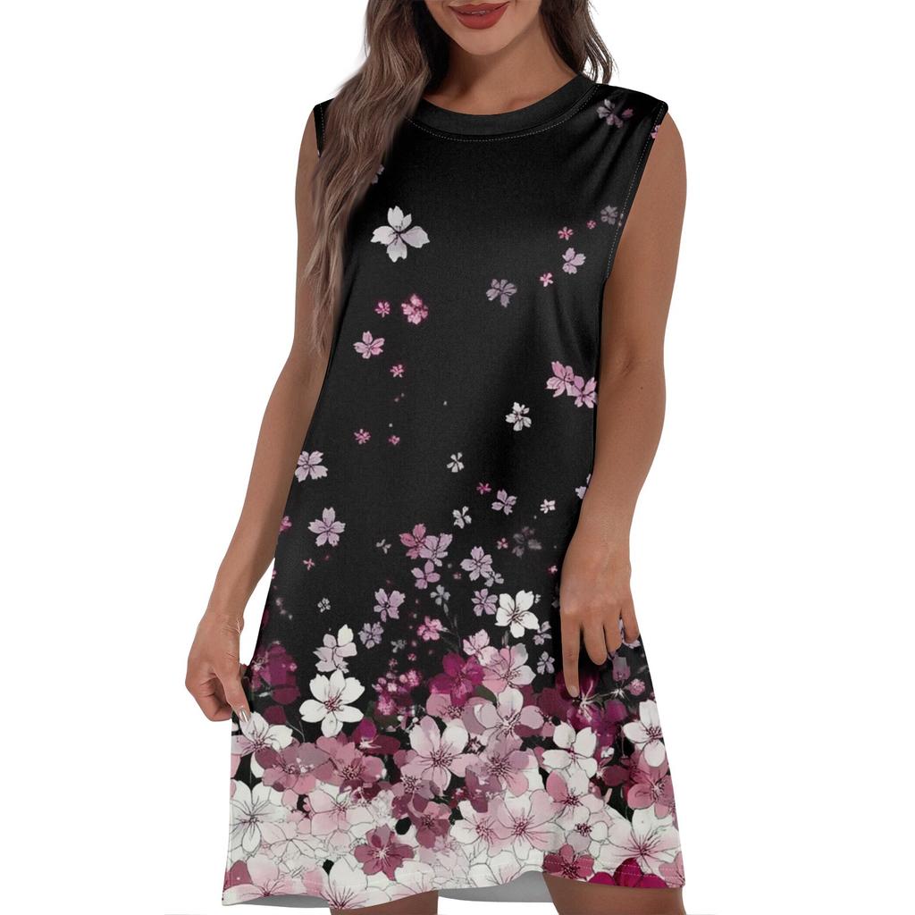 Женское повседневное и модное платье средней длины с круглым вырезом и без рукавов с принтом