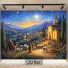 1pc Nativity scene Christmas background with starry sky, church, shepherd and sheep - Religious festival party banner, polyester