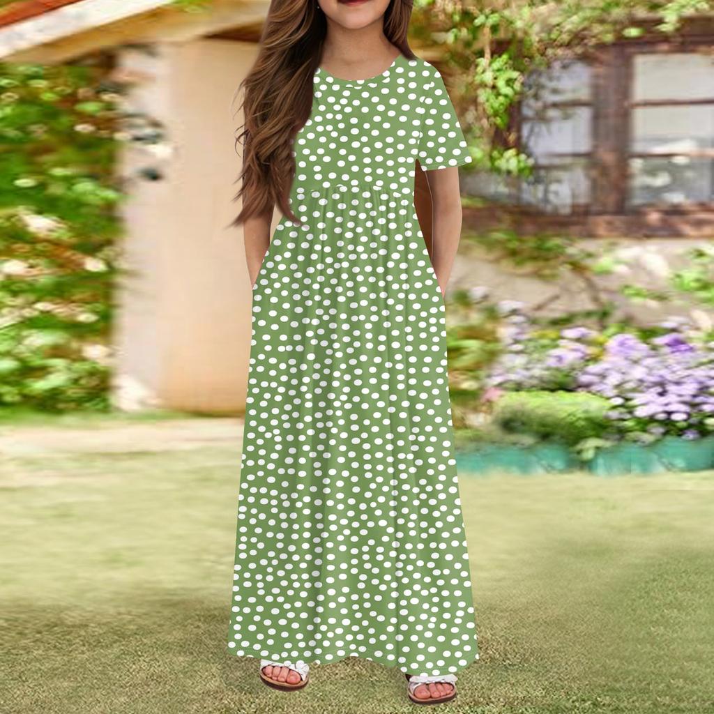 Длинное летнее платье для девочек - платье макси с короткими рукавами и карманами для детей 4-14 лет