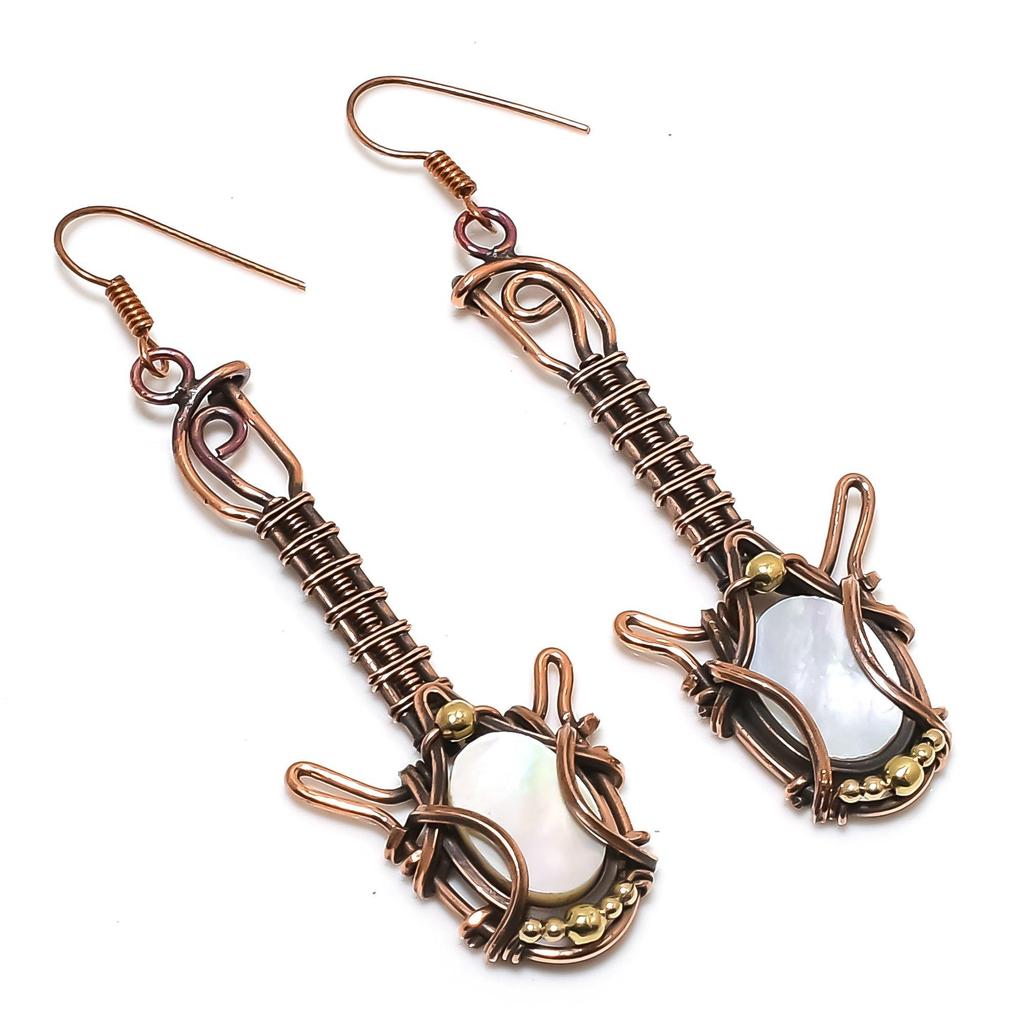 Серьги из перламутра, серьги, обернутые медной проволокой 999 пробы, украшения из драгоценных камней ручной работы, подарки для жены, совершенно новые серьги
