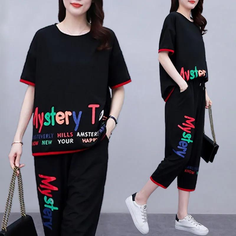 Женская футболка, модный повседневный костюм, летний костюм из двух частей для мамы с укороченными брюками