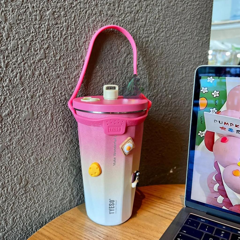 Vacuum Insulated Bottle 600ml Color Change Coffee Cup with Straw Thermos Mug Leak-Proof Thermos Travel Thermal Vacuum Flask Cup