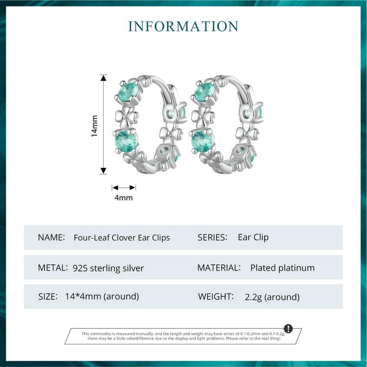 BAMOER стерлингового серебра 925 пробы, зеленое стекло, четырехлистный клевер, зажимы для ушей, серьги-кольца для женщин, ювелирные изделия, счастливый подарок