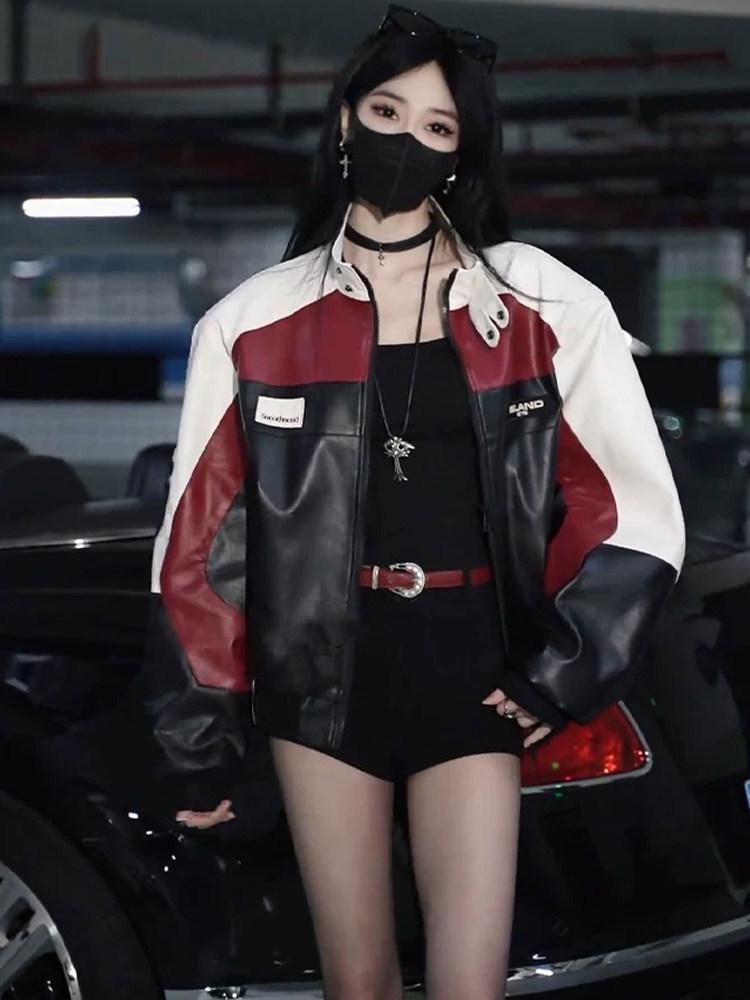 Стильная мужская красная кожаная мотоциклетная куртка в стиле пэчворк - Весна/Осень Ретро Дизайн для Пар