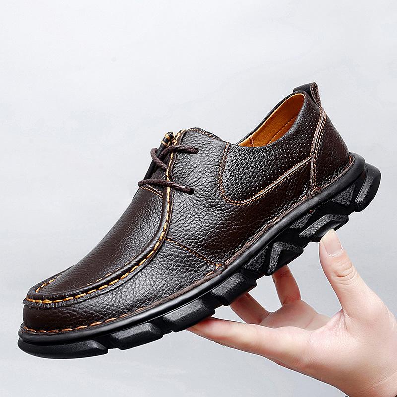 Spring New First Layer Cowhide Business Casual Shoes Genuine Leather Toe Holder Handmade Stitching Soft Platform Shoes